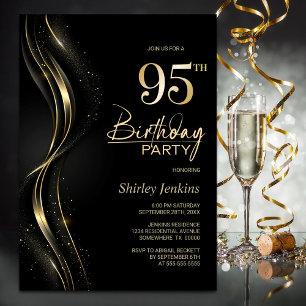 Convite Na moda preto e Dourado 95.a Festa de aniversário