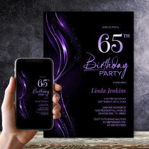 Convite Na moda preto e roxo 65.a Festa de aniversário