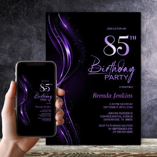 Convite Na moda preto e roxo 85.a Festa de aniversário