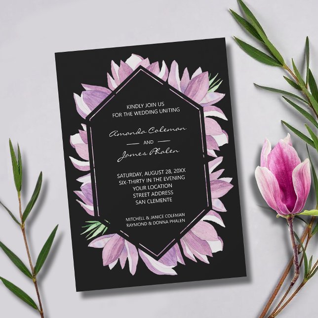 Convite Na moda Purple Watercolor Magnolias Casamento (Elegant purple and white magnolias square wedding invitations - INSTANT DOWNLOAD and/or PRINTED)