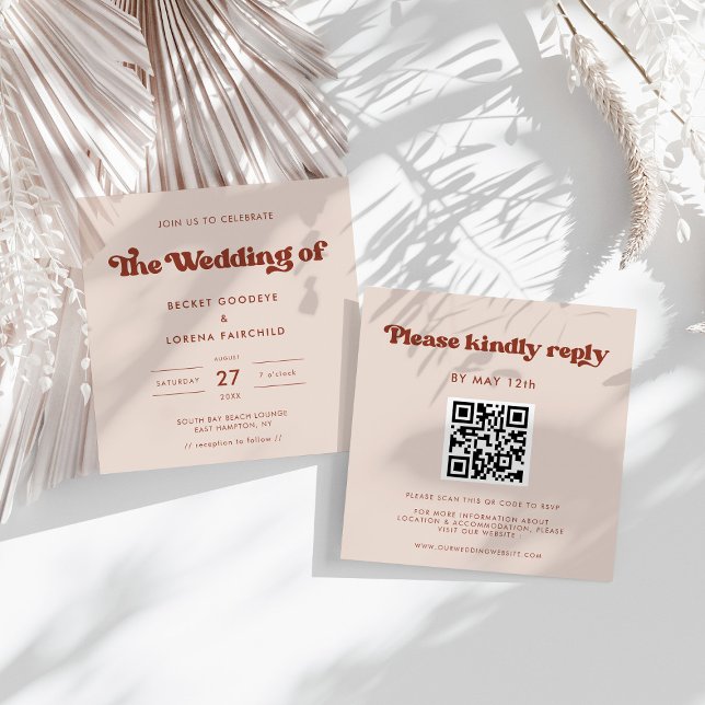 Convite Na moda retro Casamento Peach Pink Square (Criador carregado)