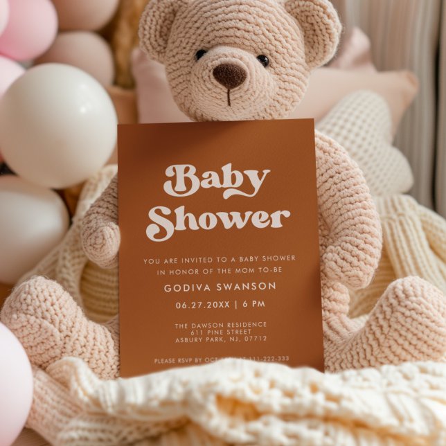 Convite Na moda retro Chá de fraldas Laranja Queimado (Criador carregado)