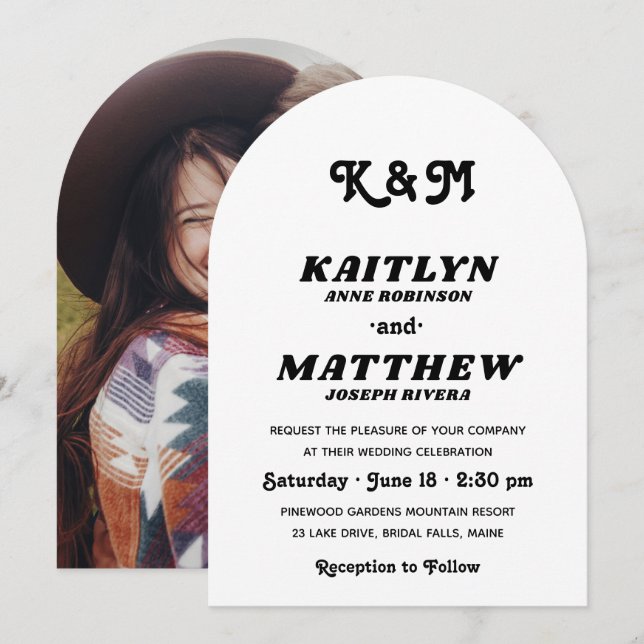 Convite Na moda Retro Typografia Monograma Foto Casamento (Frente/Verso)