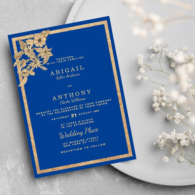 Convite Na moda Royal Blue Glitter Casamento Floral Dourad (Stylish Royal Blue Gold Glitter Floral Wedding Invitation )