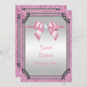 Convite Na moda Silver Frame e Arco Rosa Posh Gem Sweet 16