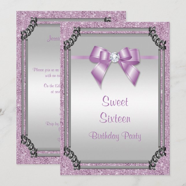 Convite Na moda Silver Frame & Lilac Posh Gem Arco Sweet 1 (Frente/Verso)