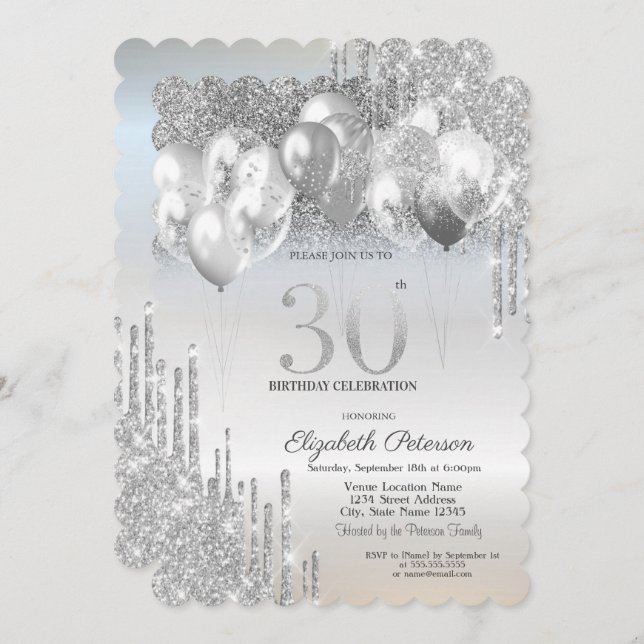 Convite Na moda Silver Glitter Drives Balões 30 Birthda (Frente/Verso)