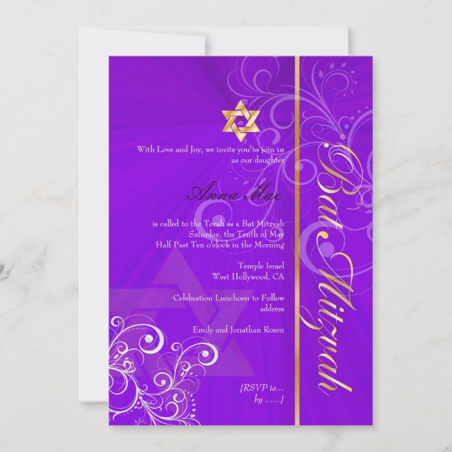 Convite Na moda Swirls Bat Mitzvah/indigo/ouro (Frente)