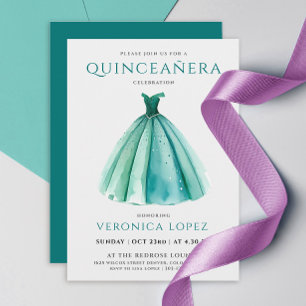 Convite Na moda Turquoise Sky Dress Quinceañera Watercolor