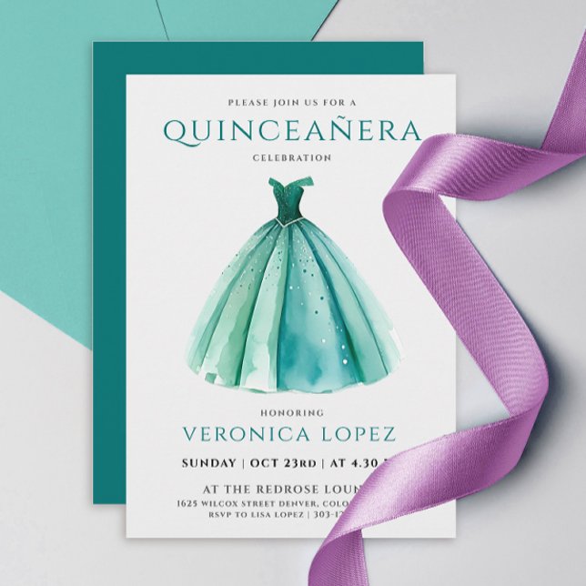 Convite Na moda Turquoise Sky Dress Quinceañera Watercolor (Criador carregado)