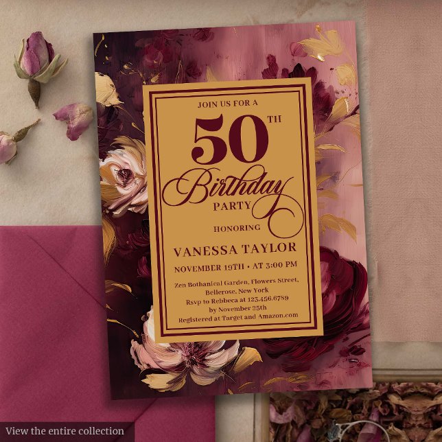 Convite Na moda vermelho escuro rosas de ouro branco 50 an (Stylish dark red blush gold roses 50th birthday invite

)