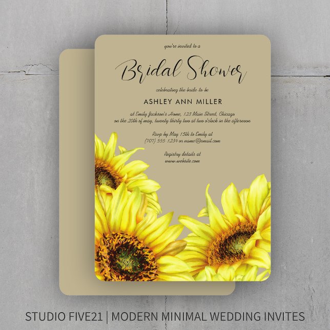 Convite Na moda Watercolor Chá de casamento Sunflower Khak (Criador carregado)