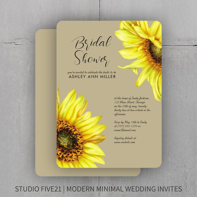 Convite Na moda Watercolor Chá de casamento Sunflower Khak (Criador carregado)