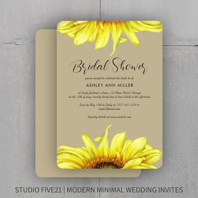 Convite Na moda Watercolor Chá de casamento Sunflower Khak (Criador carregado)