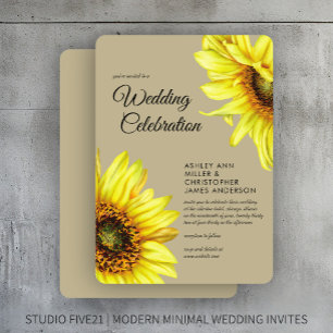 Convite Na moda Watercolor Sunflower Khaki Casamento
