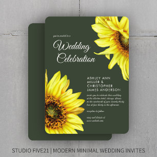 Convite Na moda Watercolor Sunflower Moss Casamento Verde