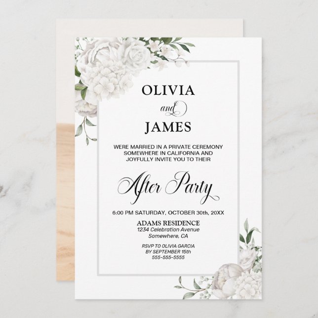 Convite Na moda White Floral Casamento Após Festa (Frente/Verso)