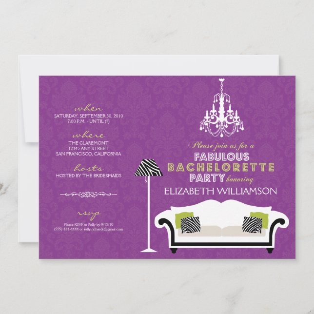 Convite Na moda Zebra Decor Bachelorette Invite (roxo) (Frente)