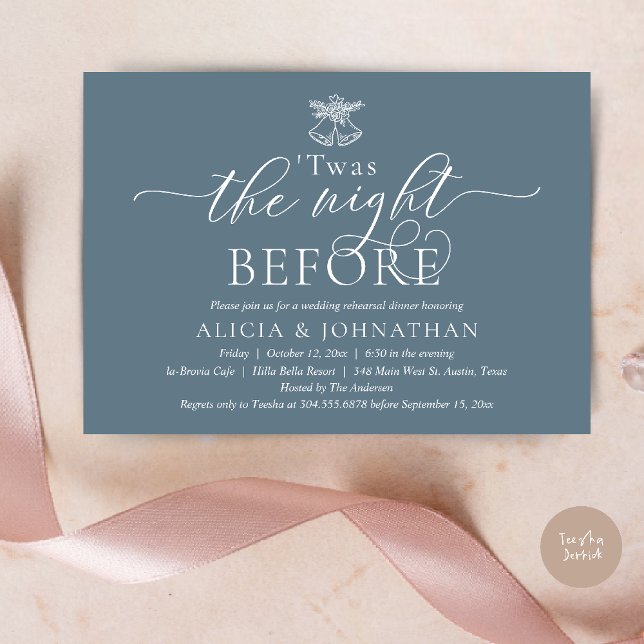 Convite Na Noite Anterior, Este Janto De Ensaio De Casamen (The Night Before, Twas Wedding Rehearsal Dinner Party Invites Card mistletoe wedding bell dusty Blue)