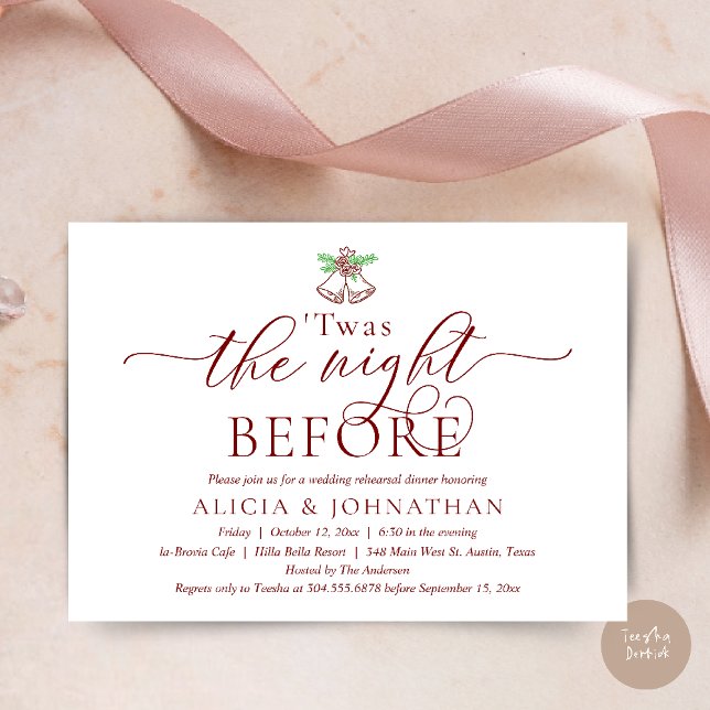 Convite Na Noite Anterior, Este Janto De Ensaio De Casamen (The Night Before, Twas Wedding Rehearsal Dinner Party Invites Card mistletoe wedding bell burgundy)