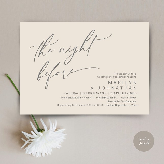 Convite Na Noite Anterior, Festa de Janto de Ensaio de Cas (The Night Before, Romantic Modern Wedding Rehearsal Dinner Party Invitation Card PDF Cream Grey)