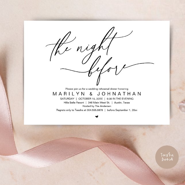 Convite Na Noite Anterior, Festa de Janto de Ensaio de Cas (The Night Before, Romantic Modern Wedding Rehearsal Dinner Party Invitation Card PDF Black White)