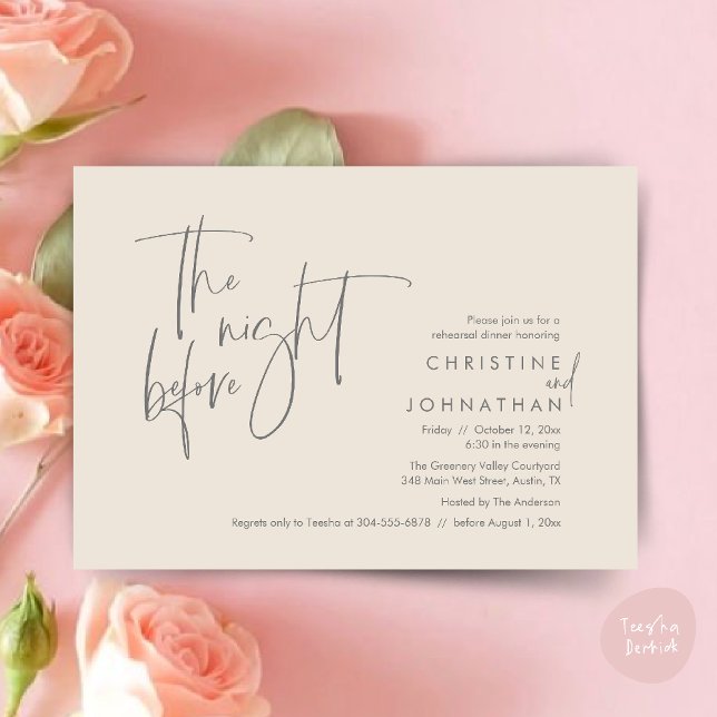 Convite Na Noite Anterior, Janta De Ensaio De Casamento (The night before, Casual Modern Wedding Rehearsal Dinner Invitation Card PDF Cream Grey)