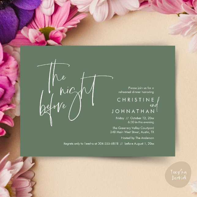 Convite Na Noite Anterior, Janta De Ensaio De Casamento (The night before, Casual Modern Wedding Rehearsal Dinner Invitation Card PDF Sage Green)