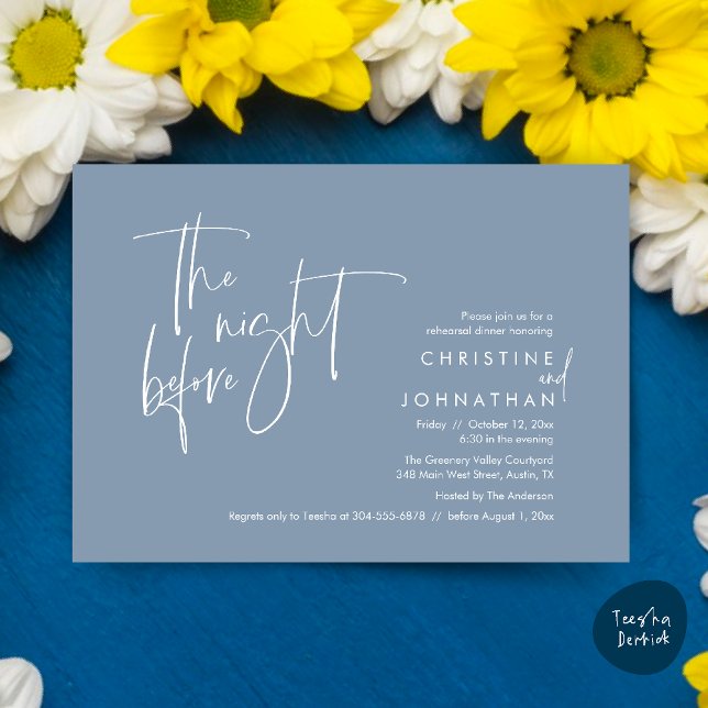 Convite Na Noite Anterior, Janta De Ensaio De Casamento (The night before, Casual Modern Wedding Rehearsal Dinner Invitation Card PDF Dusty Blue)