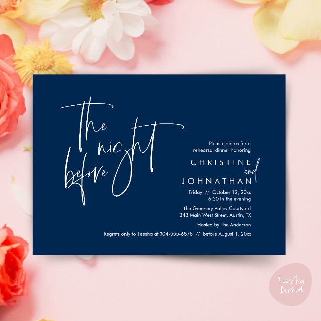 Convite Na Noite Anterior, Janta De Ensaio De Casamento (The night before, Casual Modern Wedding Rehearsal Dinner Invitation Card PDF Navy Blue)