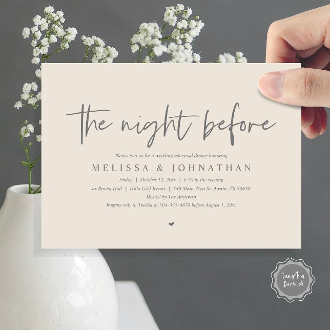 Convite Na Noite Anterior, Janta De Ensaio De Casamento (The Night Before, Wedding Rehearsal Dinner Invitation Card, Modern Casual Script, in grey cream)