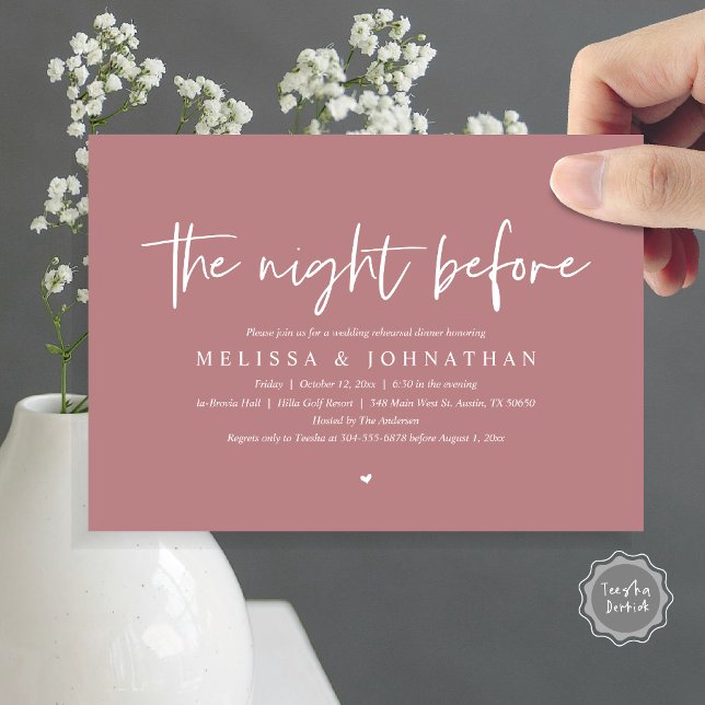 Convite Na Noite Anterior, Janta De Ensaio De Casamento (The Night Before, Wedding Rehearsal Dinner Invitation Card, Modern Casual Script, in dusty rose)