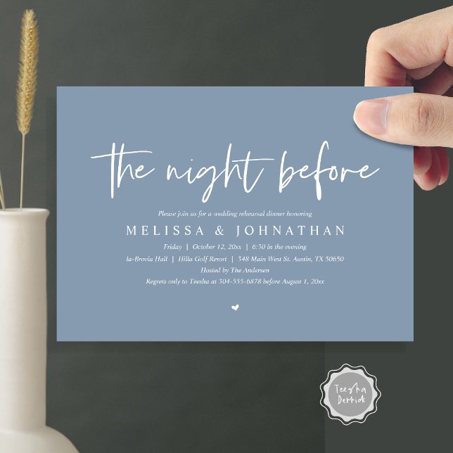 Convite Na Noite Anterior, Janta De Ensaio De Casamento (The Night Before, Wedding Rehearsal Dinner Invitation Card, Modern Casual Script, in dusty blue)
