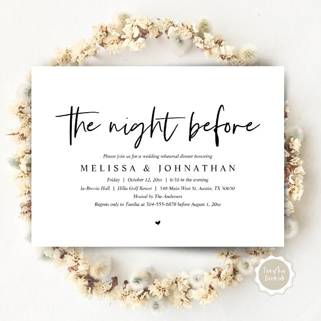 Convite Na Noite Anterior, Janta De Ensaio De Casamento (The Night Before, Wedding Rehearsal Dinner Invitation Card, Modern Casual Script, in Black and White)