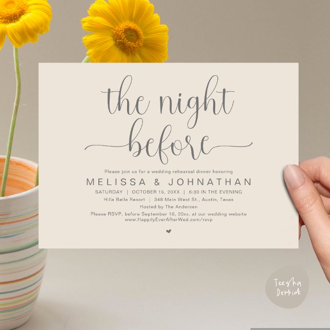 Convite Na Noite Anterior, Janta De Ensaio De Casamento (The Night Before, Wedding Rehearsal Dinner Romantic Party Invitation Card Heart PDF Cream Grey)