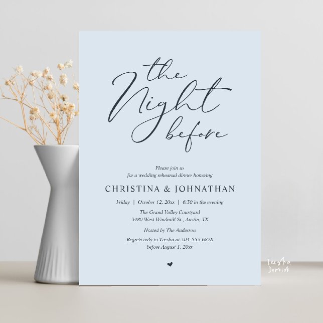 Convite “Na Noite Anterior” Jantar de Ensaios Misty Blue (“The Night Before” Elegant Script Romantic Rehearsal Dinner Invitation Card Misty Blue)