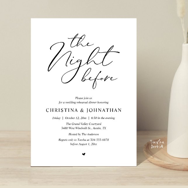 Convite “Na Noite Anterior” Jantar de Rehearsal de Script  (“The Night Before” Elegant Script Romantic Rehearsal Dinner Invitation Card Black White)