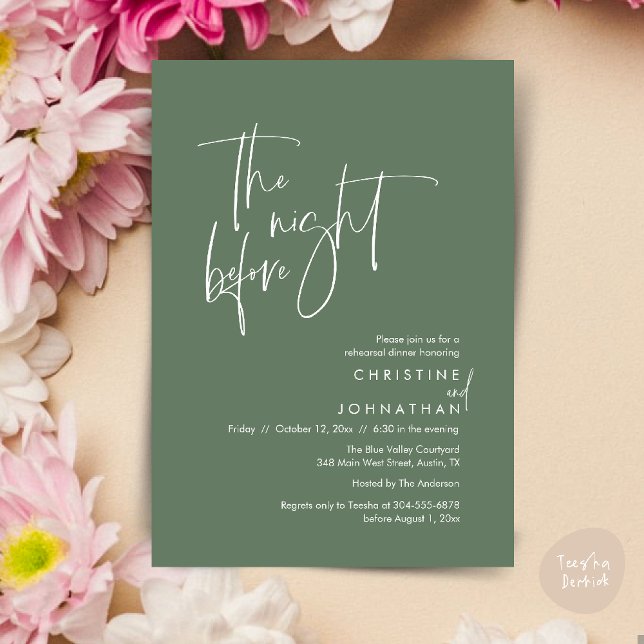 Convite Na noite anterior, Janto de ensaio casual de casam (The night before, Casual Modern Wedding Rehearsal Dinner Invitation Card PDF Sage Green)