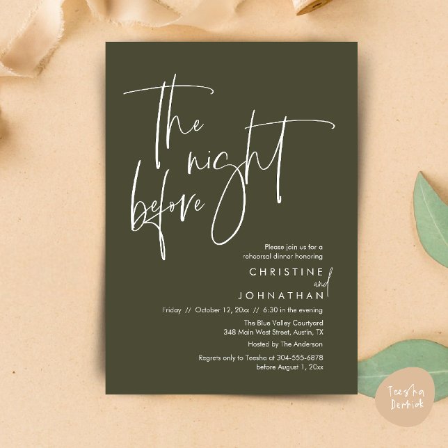 Convite Na noite anterior, Janto de ensaio casual de casam (The night before, Casual Modern Wedding Rehearsal Dinner Invitation Card PDF Olive Green)
