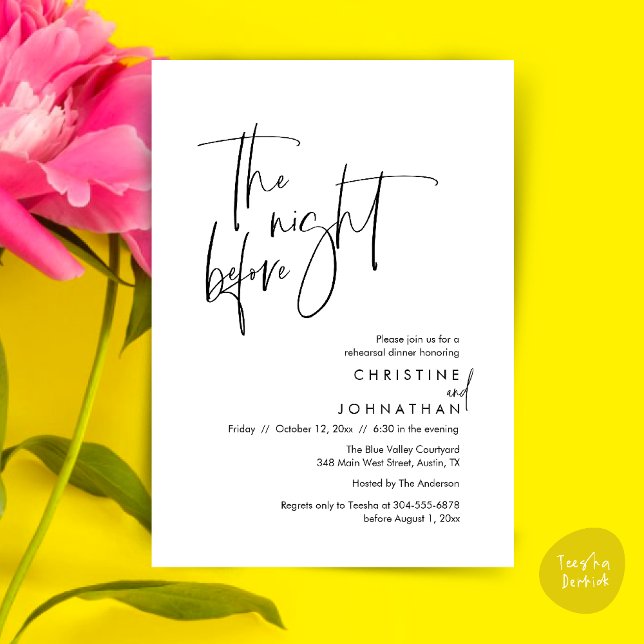 Convite Na noite anterior, Janto de ensaio casual de casam (The night before, Casual Modern Wedding Rehearsal Dinner Invitation Card PDF Black White)