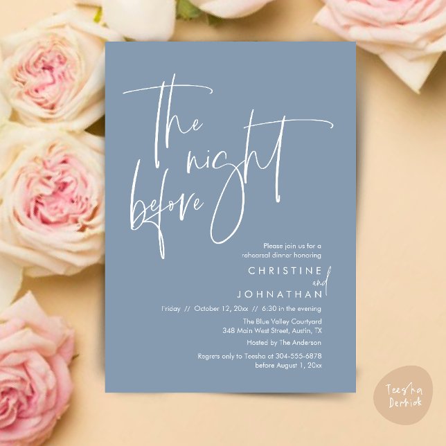 Convite Na noite anterior, Janto de ensaio casual de casam (The night before, Casual Modern Wedding Rehearsal Dinner Invitation Card PDF Dusty Blue)