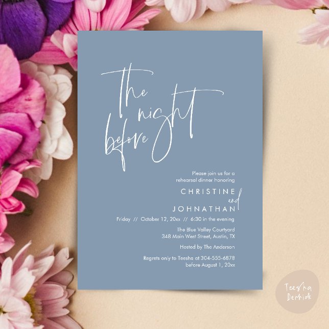 Convite Na noite anterior, Janto de ensaio casual de casam (The night before, Casual Modern Wedding Rehearsal Dinner Invitation Card PDF Dusty Blue)