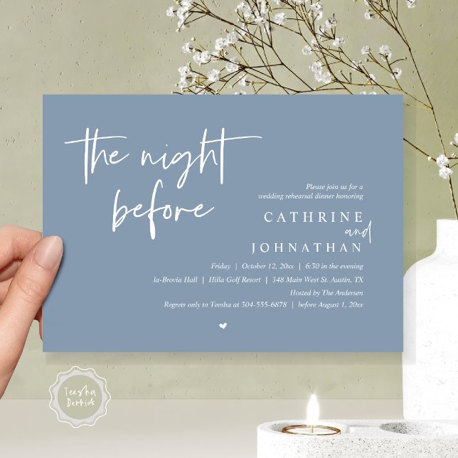 Convite Na noite anterior, Janto de ensaio de casamento (The night before, Wedding Rehearsal Dinner Invitation Card, PDF, in Dusty Blue)