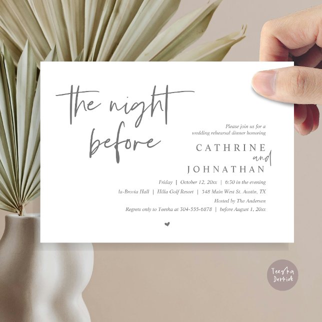 Convite Na noite anterior, Janto de ensaio de casamento (The night before, Wedding Rehearsal Dinner Invitation Card, PDF, in Dark Grey)