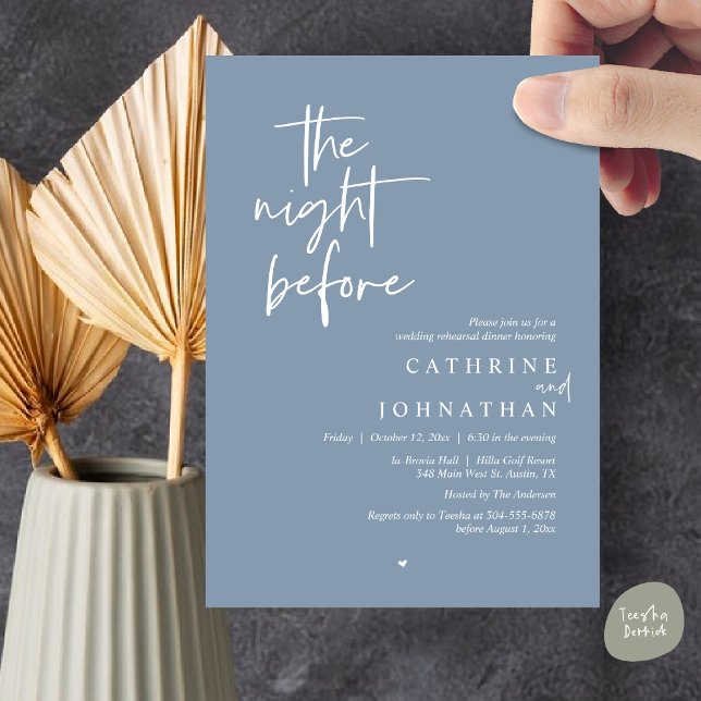 Convite Na noite anterior, Janto de ensaio de casamento (The night before, Modern Wedding Rehearsal Dinner Invitation Card, PDF, in Dusty Blue)