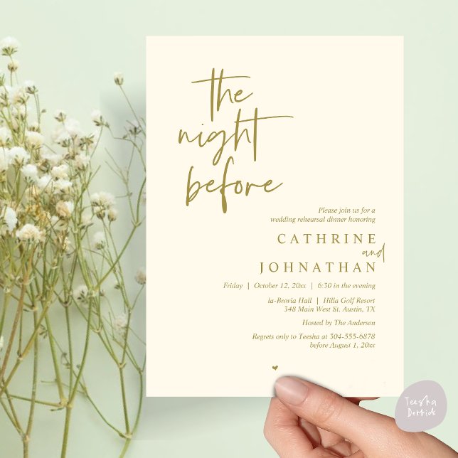 Convite Na noite anterior, Janto de ensaio de casamento (The night before, Modern Wedding Rehearsal Dinner Invitation Card, PDF, in yellow gold)