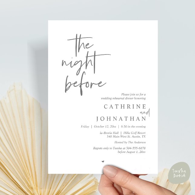 Convite Na noite anterior, Janto de ensaio de casamento (The night before, Modern Wedding Rehearsal Dinner Invitation Card, PDF, in Dark Grey)