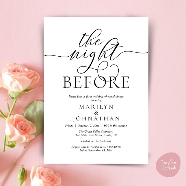 Convite Na Noite Anterior, Janto de Ensaio de Casamento Cl (The Night Before, Classy Romantic Wedding Rehearsal Dinner Party Invitation Card PDF in Black White)