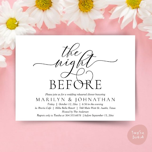 Convite Na Noite Anterior, Janto de Ensaio de Casamento Cl (The Night Before, Classy Romantic Wedding Rehearsal Dinner Party Invitation Card PDF in Black White)