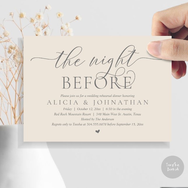 Convite Na Noite Anterior, Janto de Ensaio de Casamento Cl (The Night Before, Wedding Rehearsal Dinner Invitation Card, PDF, Cream Grey)